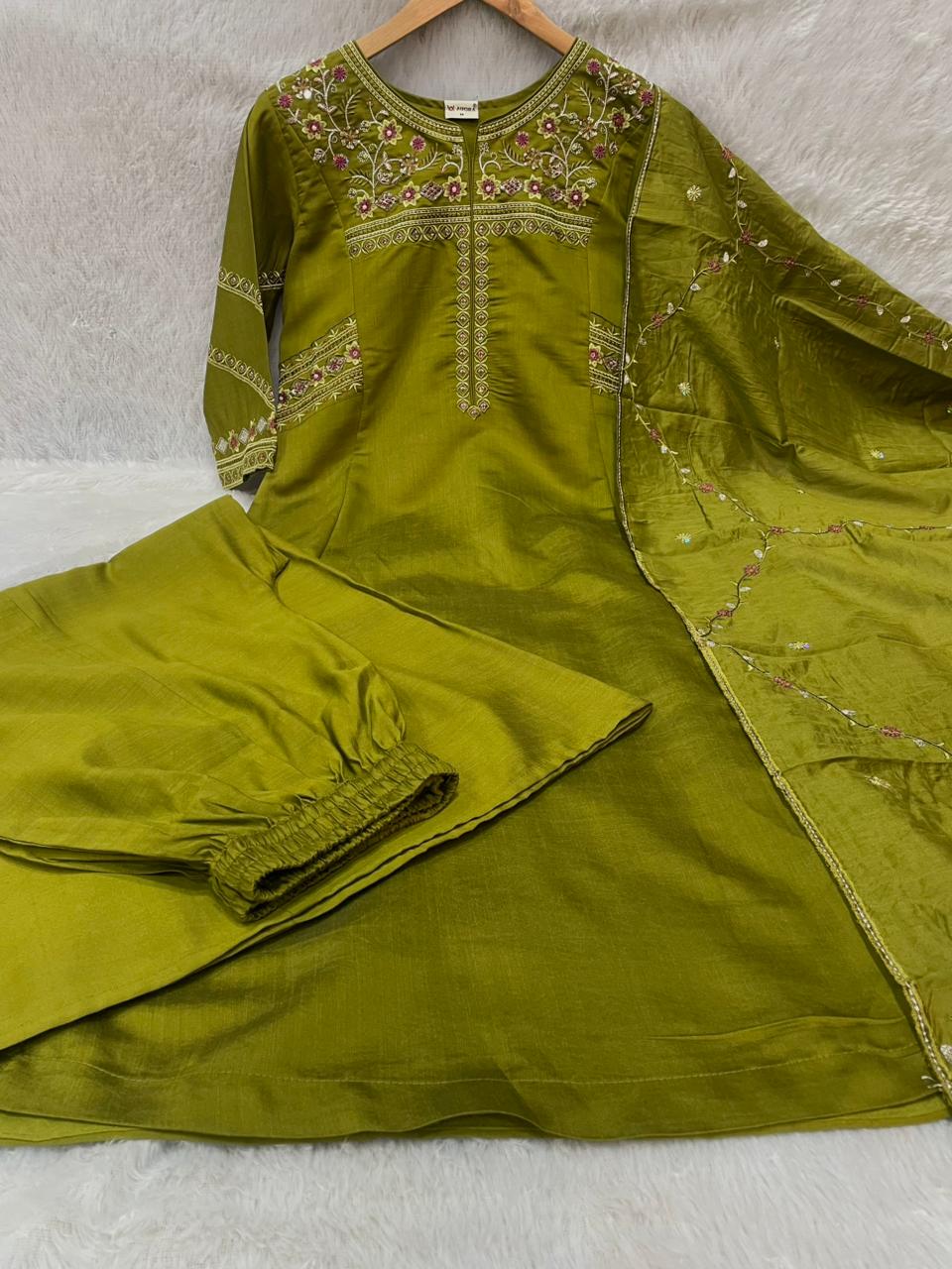 Viscose Mango Silk Embroidered Anarkali Kurti Set – Mahendi Green