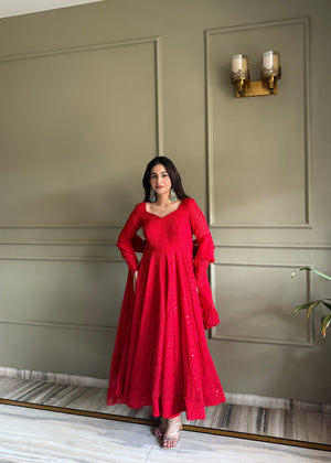 Georgette Embroidered Anarkali Set – Red
