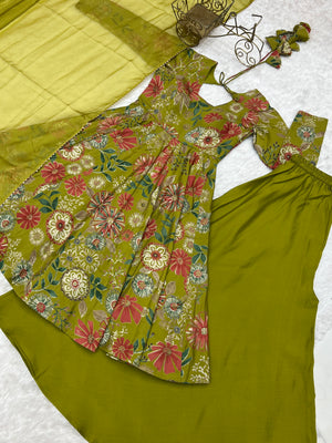 Roman Chanderi Silk Printed Kurta-Palazzo Set – Mehndi Green