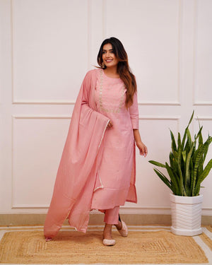 Rayon Slub Embroidered Kurta Pant Dupatta Set – Pink