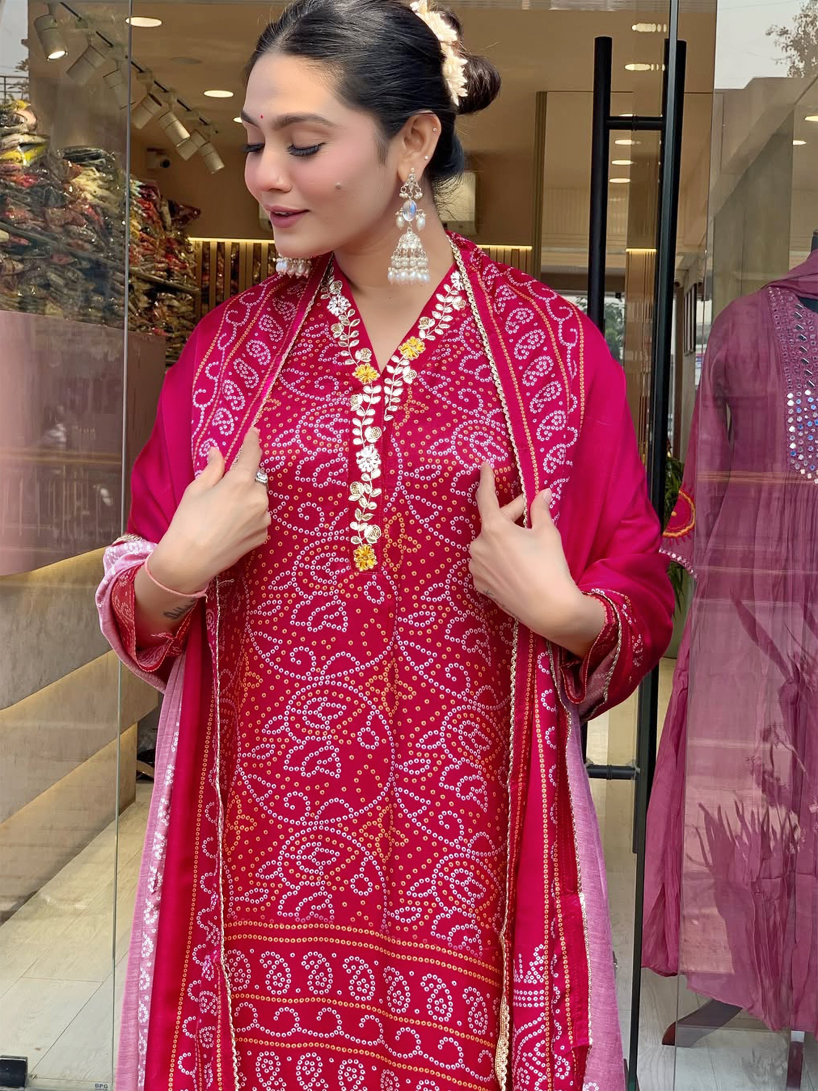 Viscose Silk Embroidered Kurta Pant Dupatta Set – Rani Pink