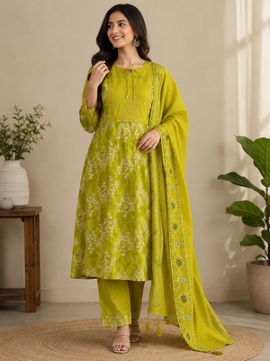 Pure Cotton Embroidered Straight Kurti Set – Yellow Green