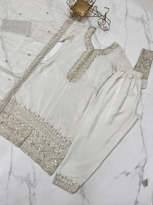 Chinon Silk Embroidered Straight Kurta Set – Ivory