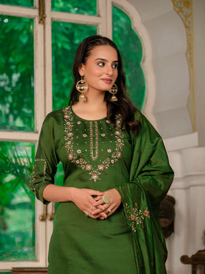 Marina Silk Embroidered Straight Kurti Set – Mehndi Green