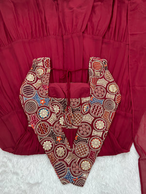 Georgette Embroidered Anarkali Set – Wine