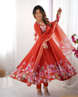 Organza Silk Printed Anarkali Set – Rust