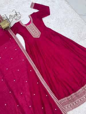 Vichitra Silk Embroidered Gown Set – Dark Pink
