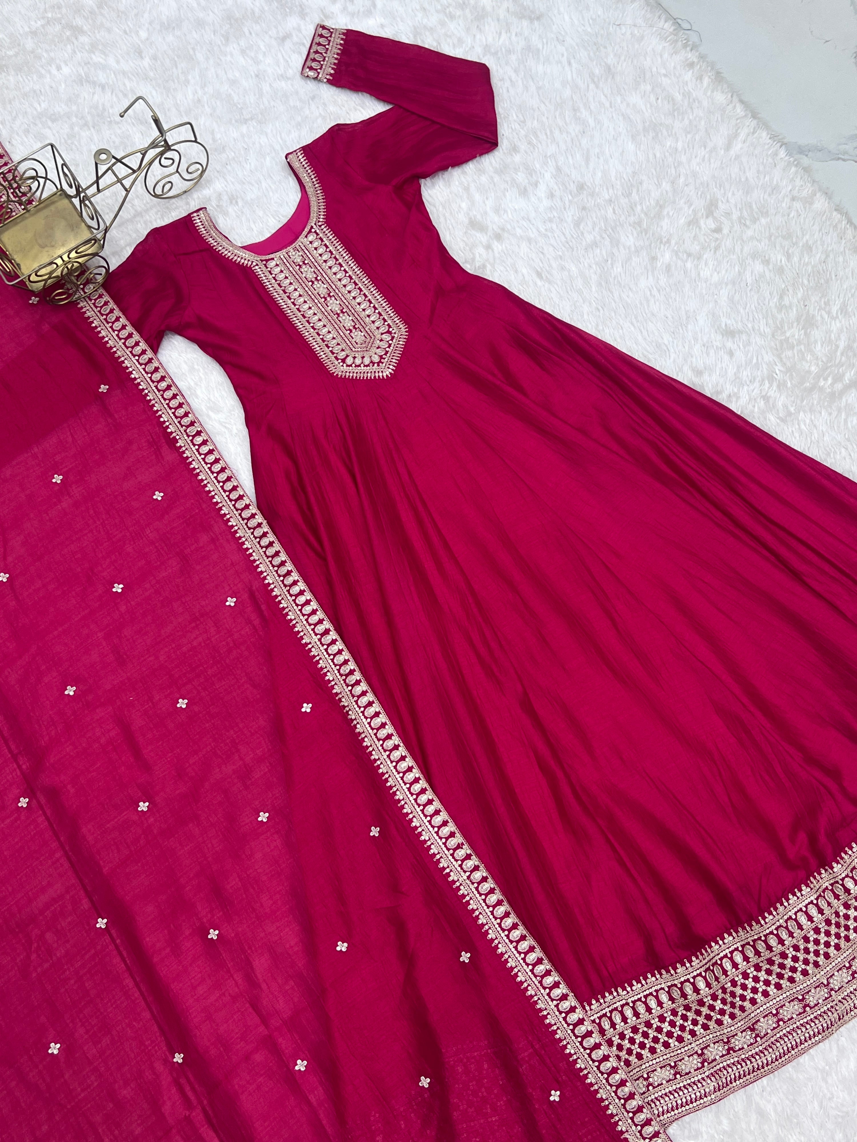Vichitra Silk Embroidered Gown Set – Dark Pink