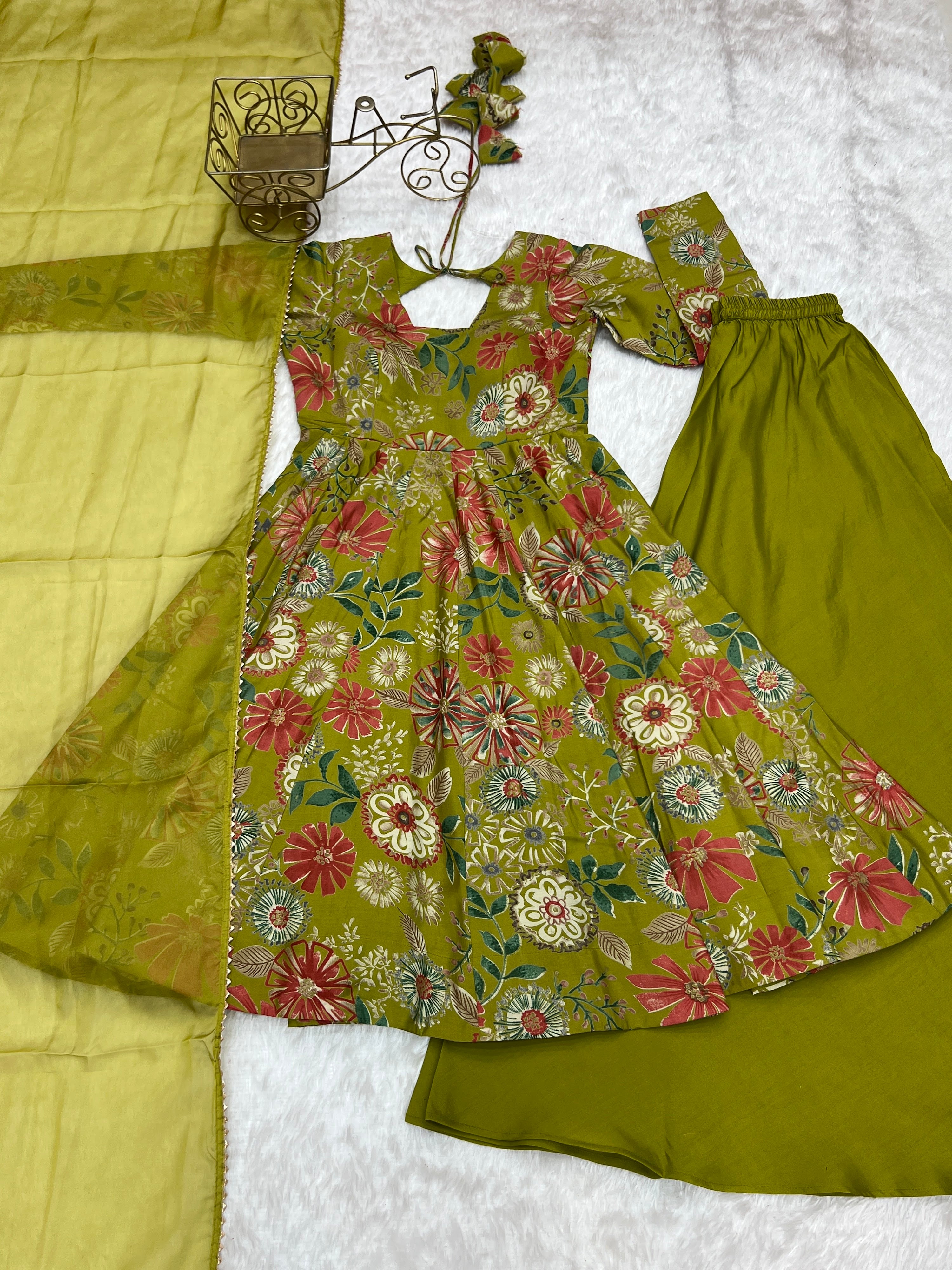 Roman Chanderi Silk Printed Kurta-Palazzo Set – Mehndi Green