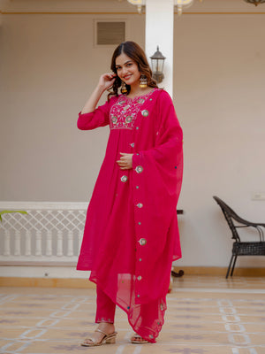 Pure Viscose Mango Silk Embroidered Straight Kurti Set – Pink
