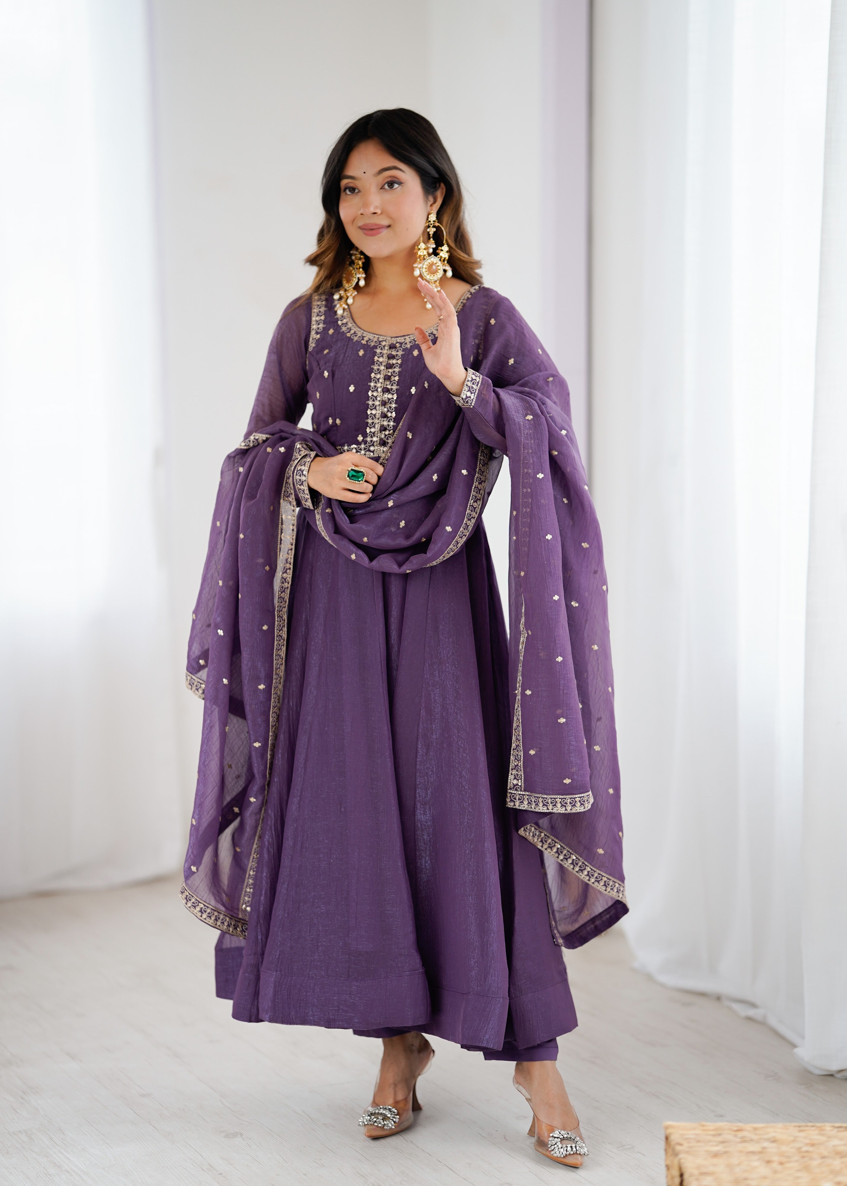 Crunchy Silk Embroidered Gown Set – Purple