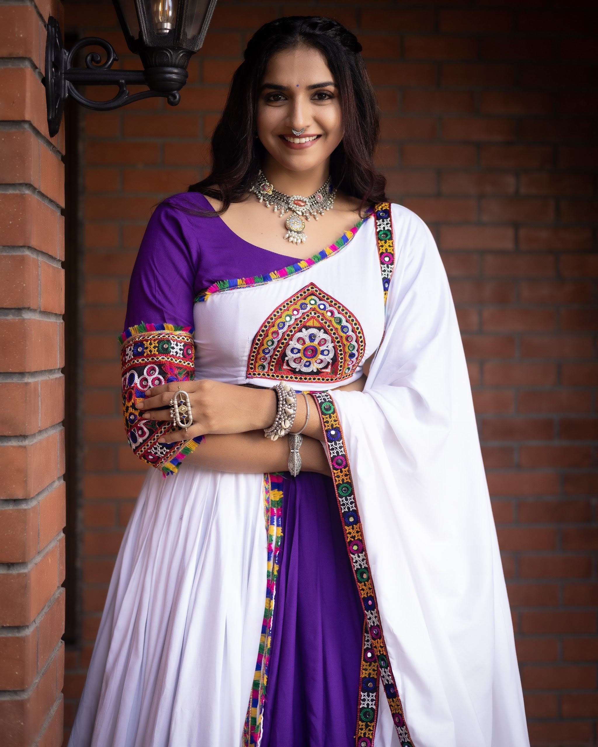 Navratri Purple White Arches Patch Work Lehenga Set