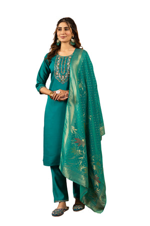 Marina Silk Embroidered Straight Kurti Set – Rama Green