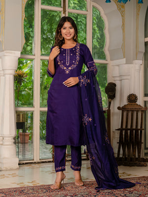 Marina Silk Embroidered Straight Kurti Set – Violet