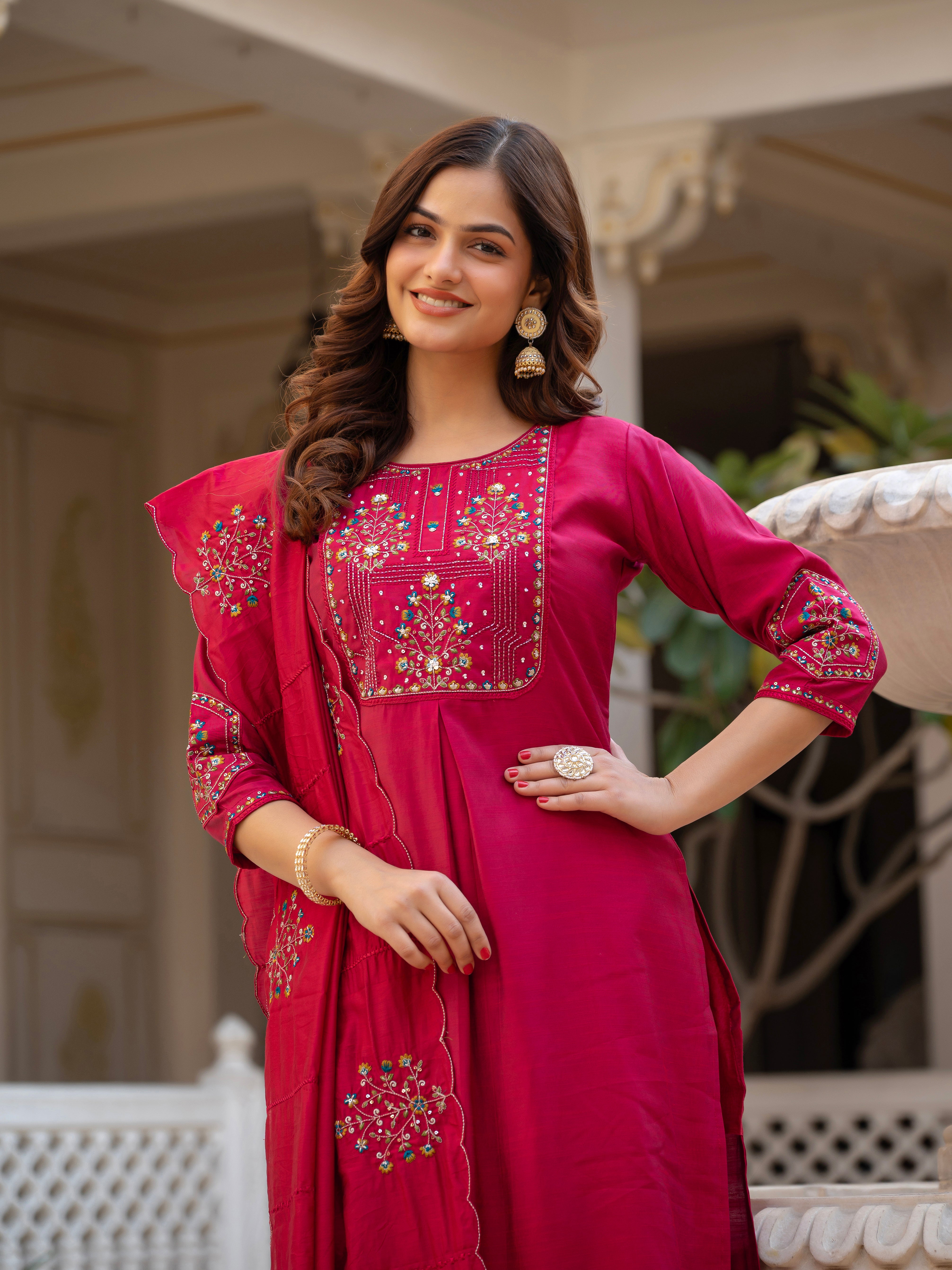 Pure Viscose Mango Silk Embroidered Straight Kurti Set – Pink