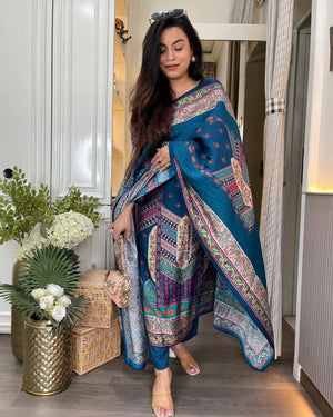 Rayon Printed Kurta Pant Dupatta Set – Navy Blue