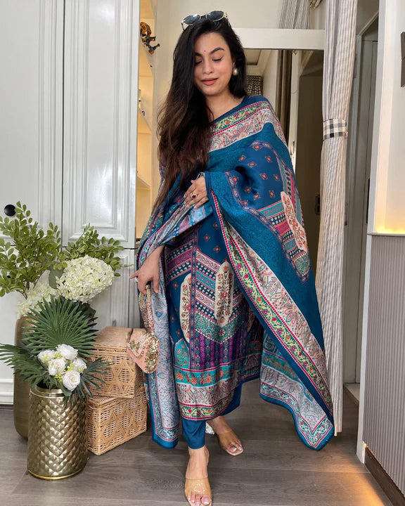 Rayon Printed Kurta Pant Dupatta Set – Navy Blue