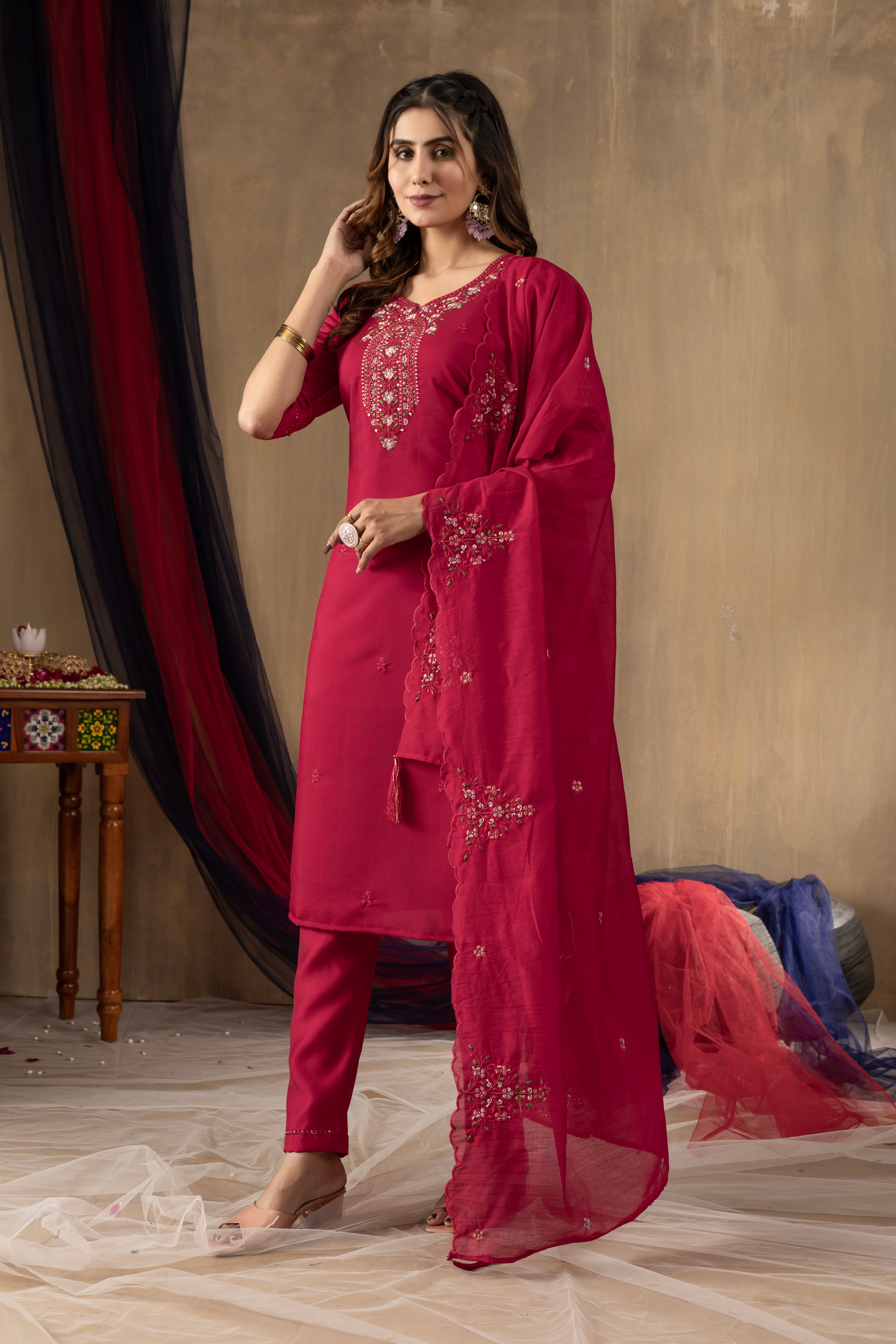 Roman Silk Embroidered Straight Kurti Set – Rani Pink