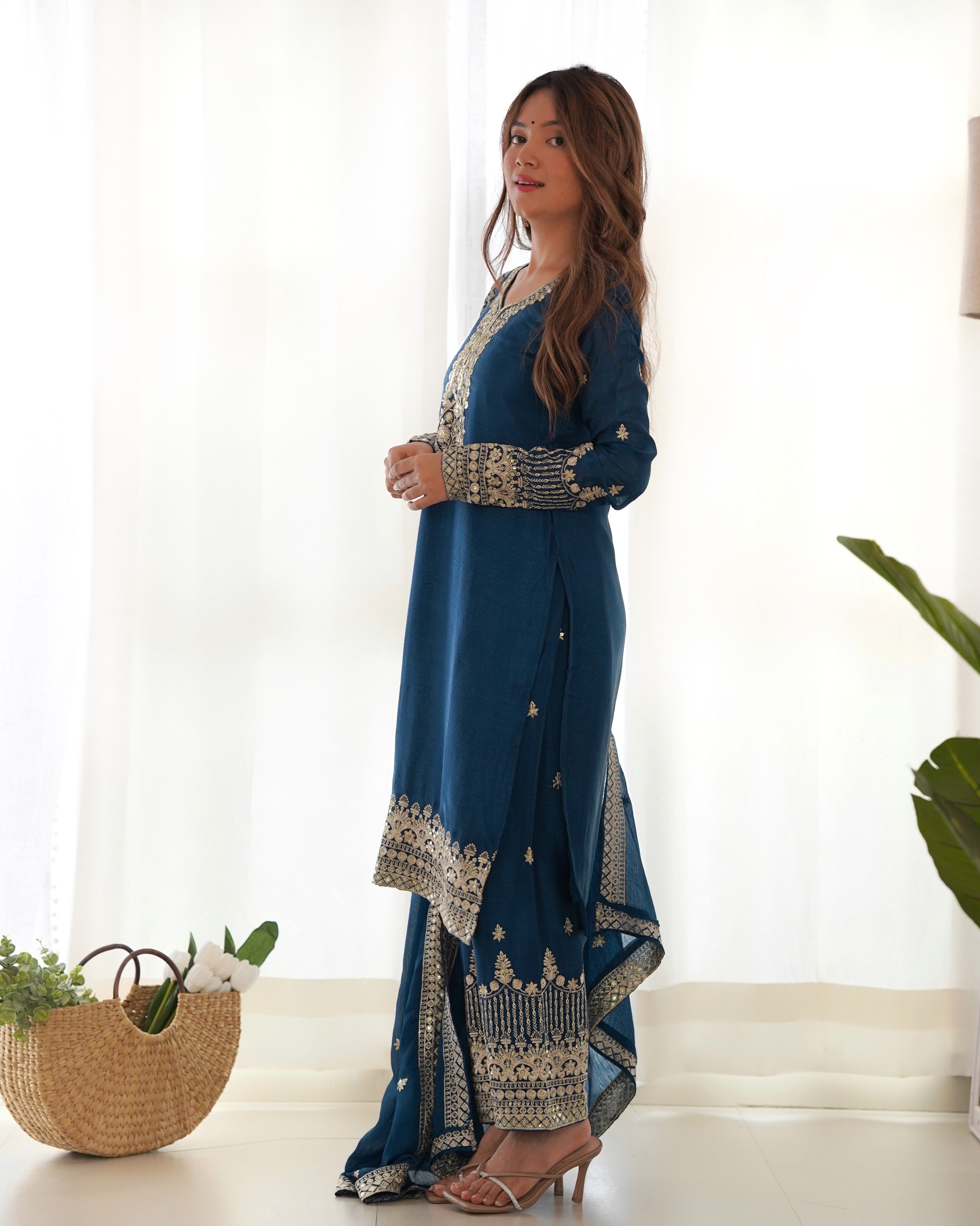 Chinon Silk Embroidered Straight Kurta Set – Navy Blue