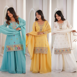 Crunchy Silk Embroidered Kurta-Sharara Set – White