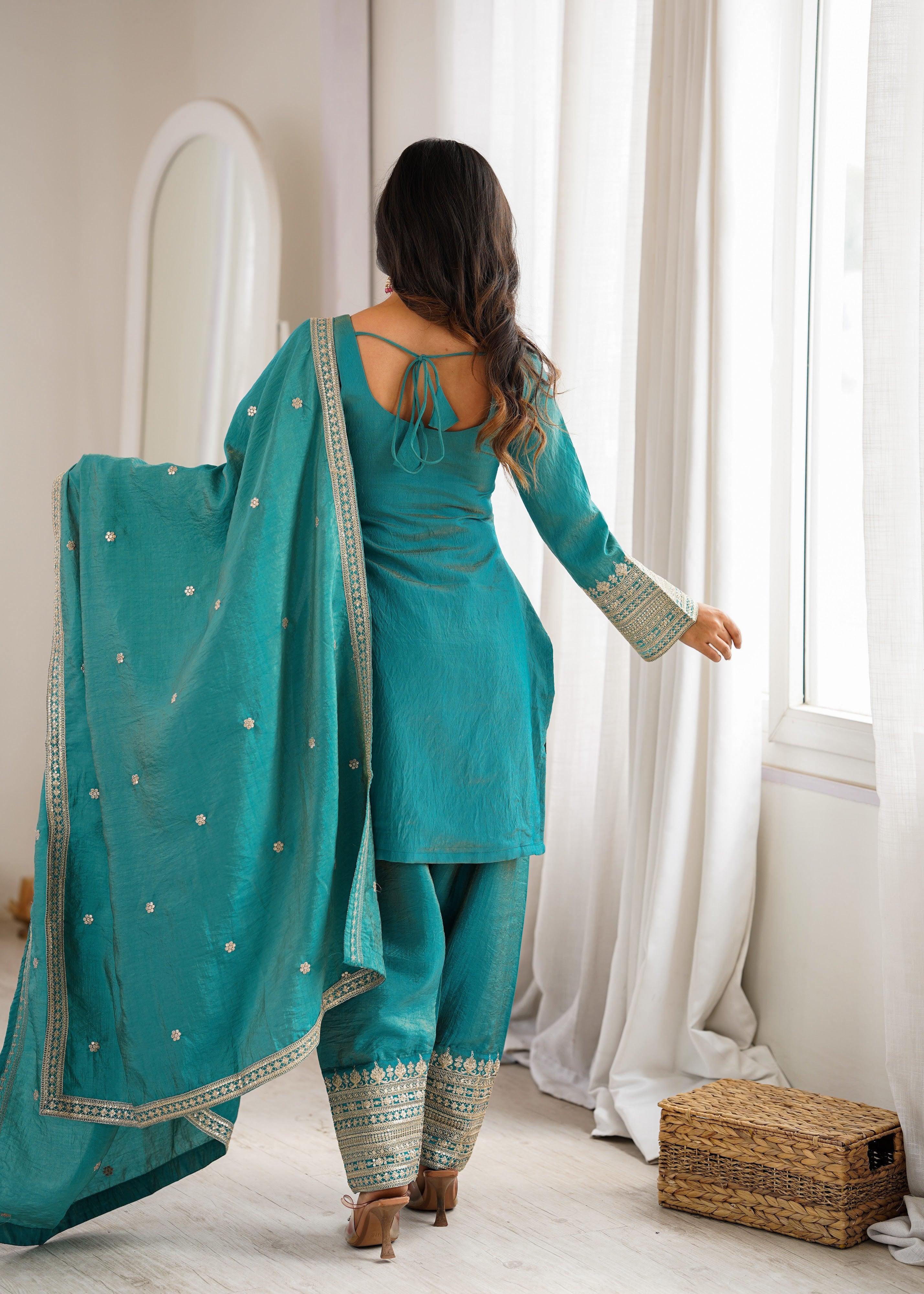 Vichitra Silk Embroidered Farshi Salwar Set – Sea Green