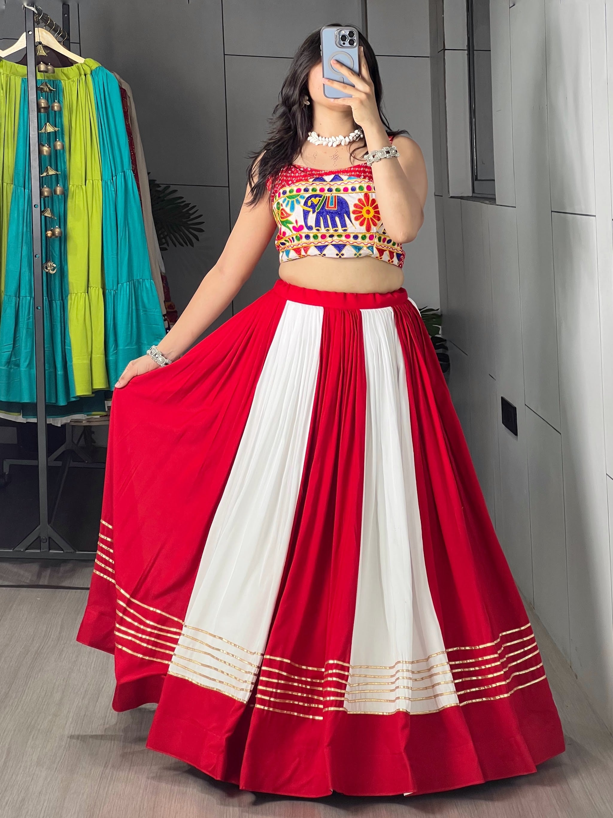 Navratri Red White Laal Leher Lehenga Set