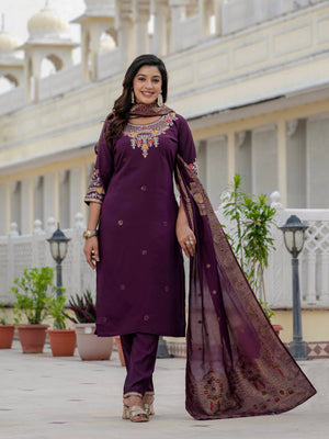 Premium Roman Silk Embroidered Straight Kurti Set – Wine