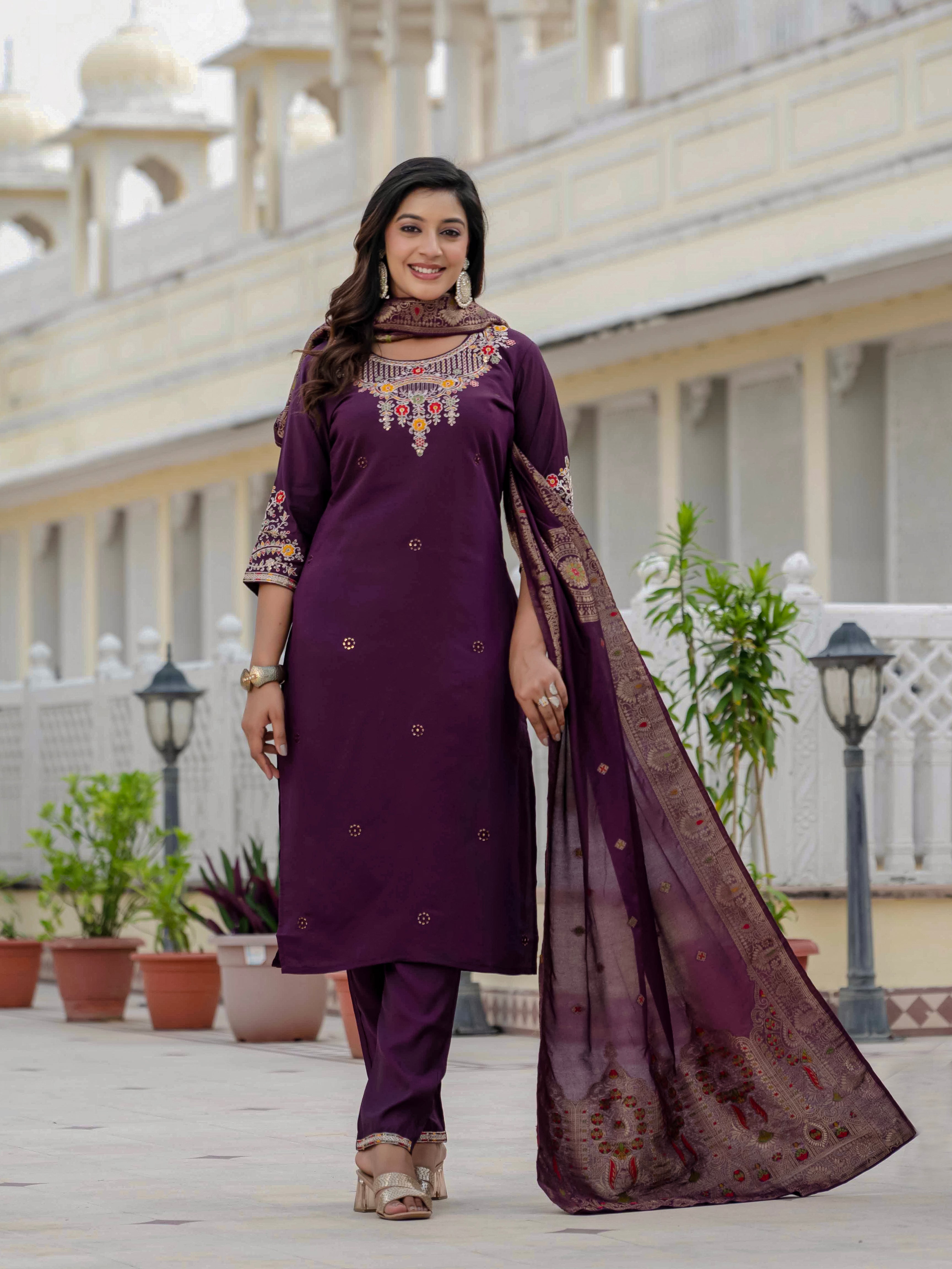 Premium Roman Silk Embroidered Straight Kurti Set – Wine