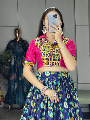 Navratri Navy Blue Floral Lehenga Set