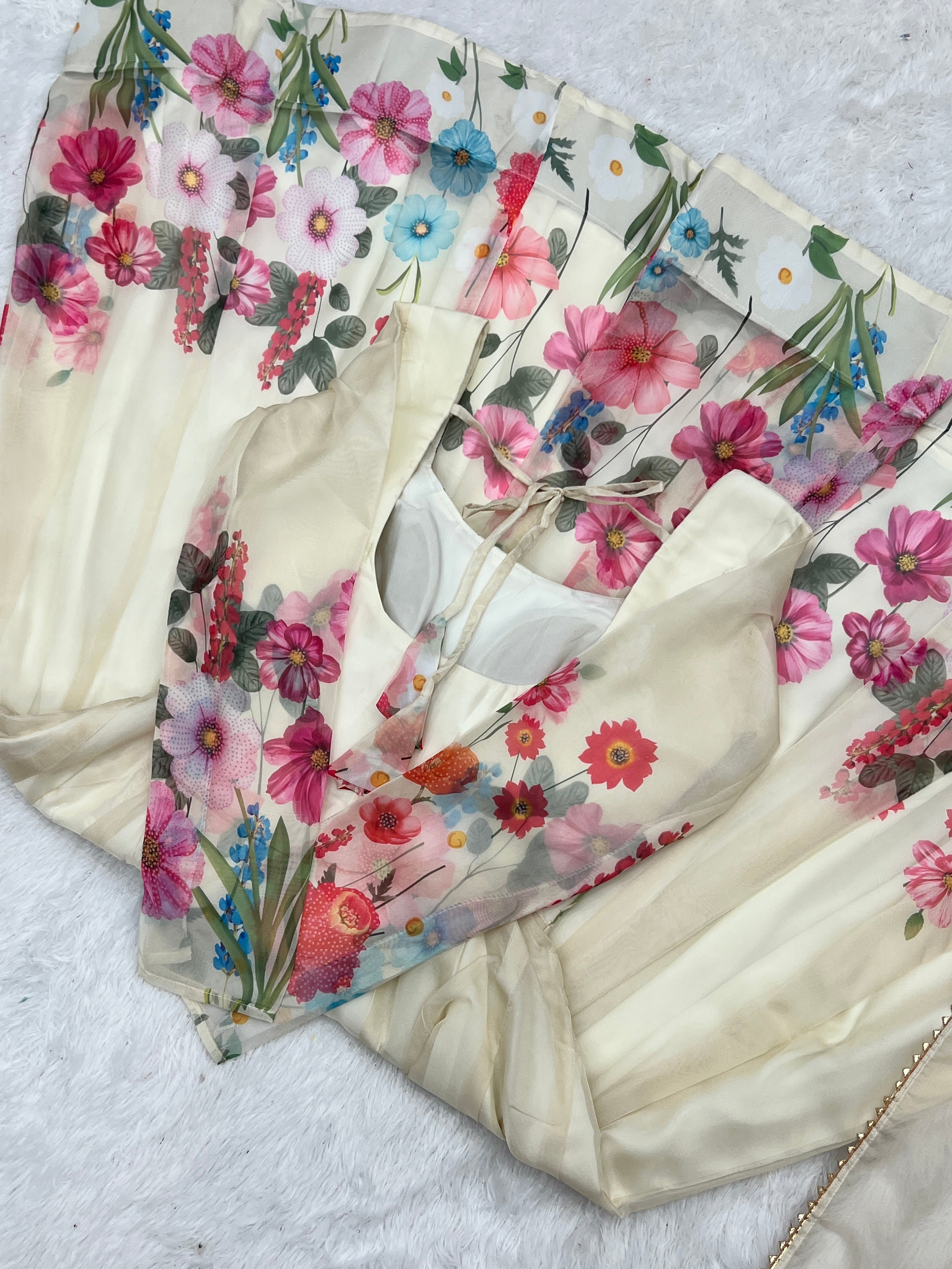 Organza Silk Printed Anarkali Set – Cream
