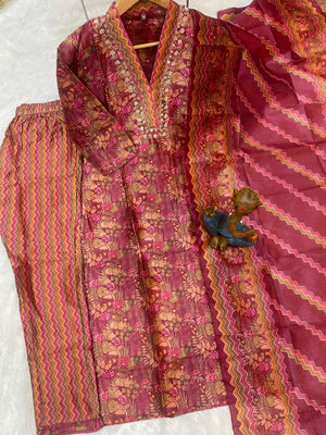 Zarna Silk Embroidered Straight Kurti Set – Maroon