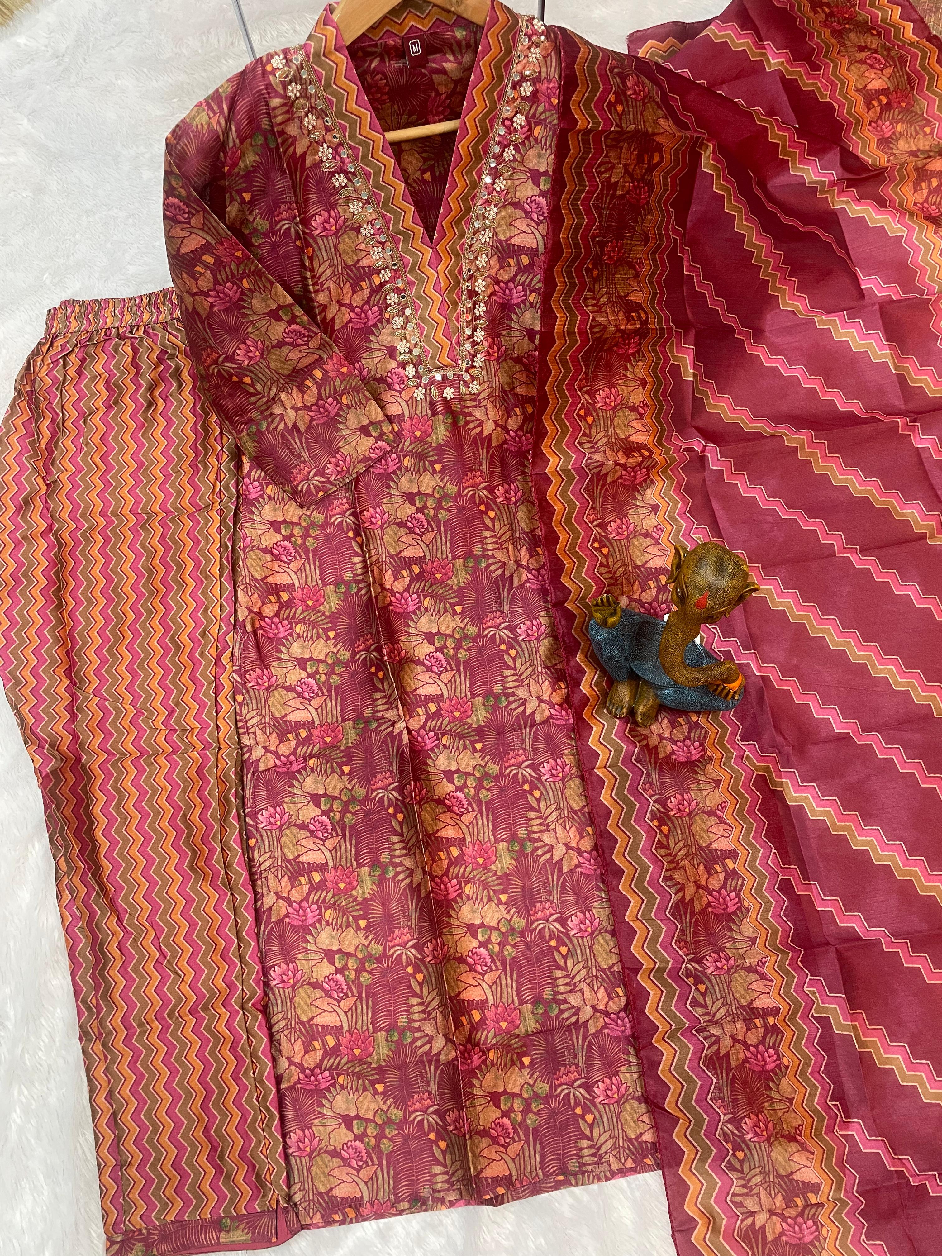 Zarna Silk Embroidered Straight Kurti Set – Maroon