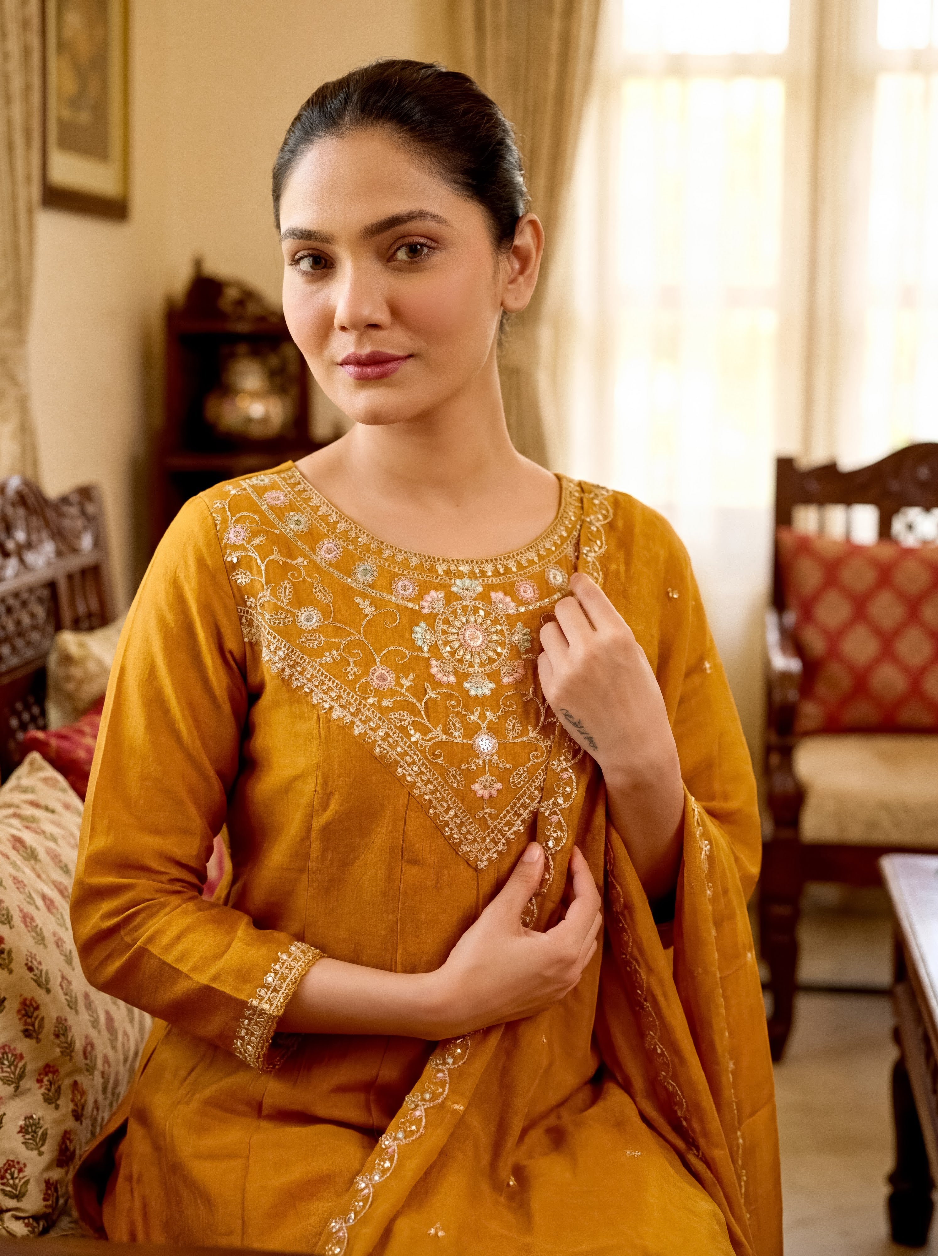Vichitra Silk Embroidered Kurta Pant Dupatta Set – Gold