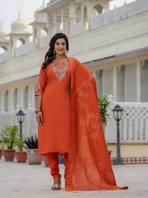 Premium Roman Silk Embroidered Straight Kurti Set – Orange