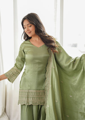 Glass Roman Silk Embroidered Farshi Salwar Set – Sage Green
