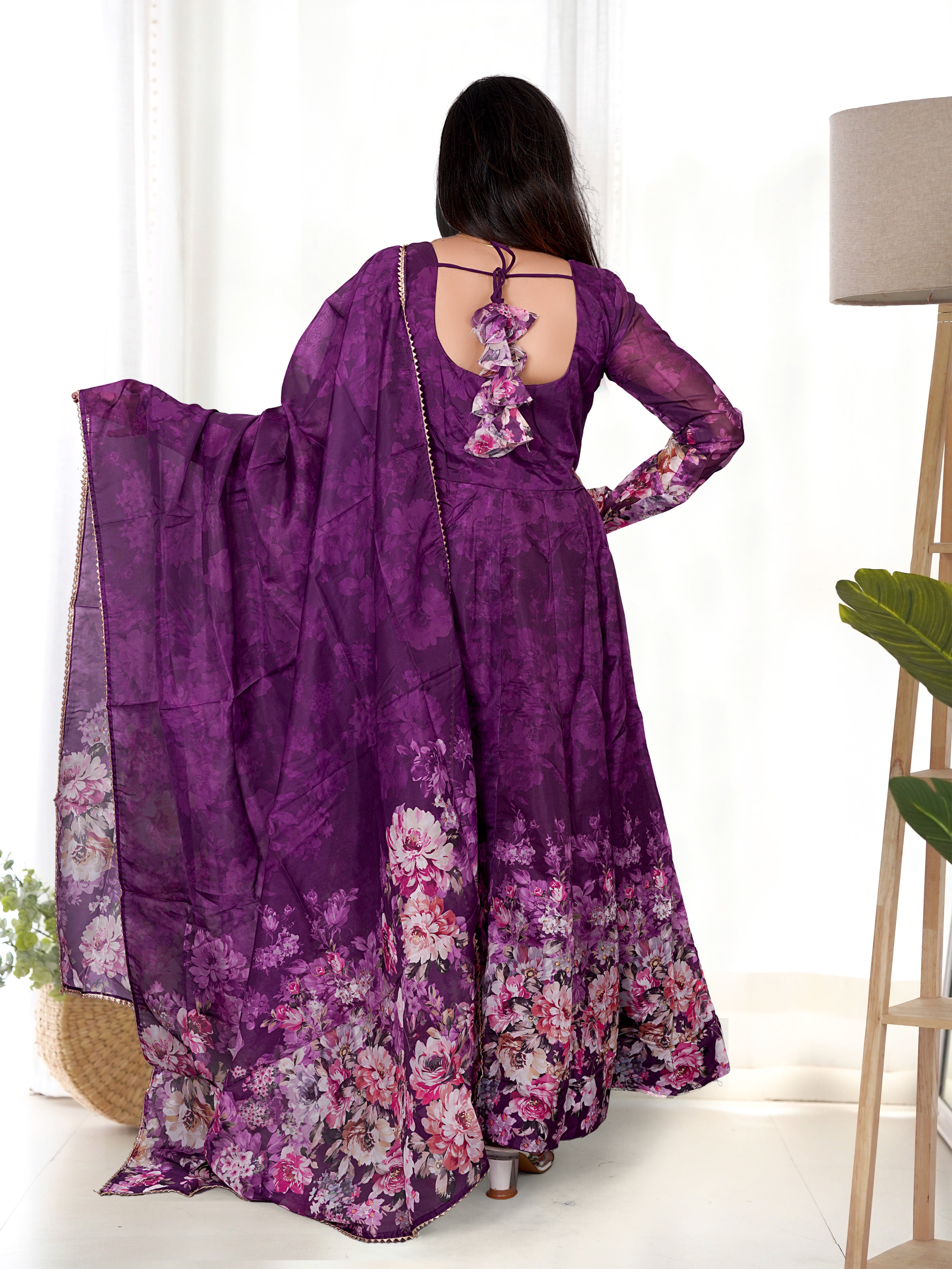 Organza Silk Printed Anarkali Set – Wine