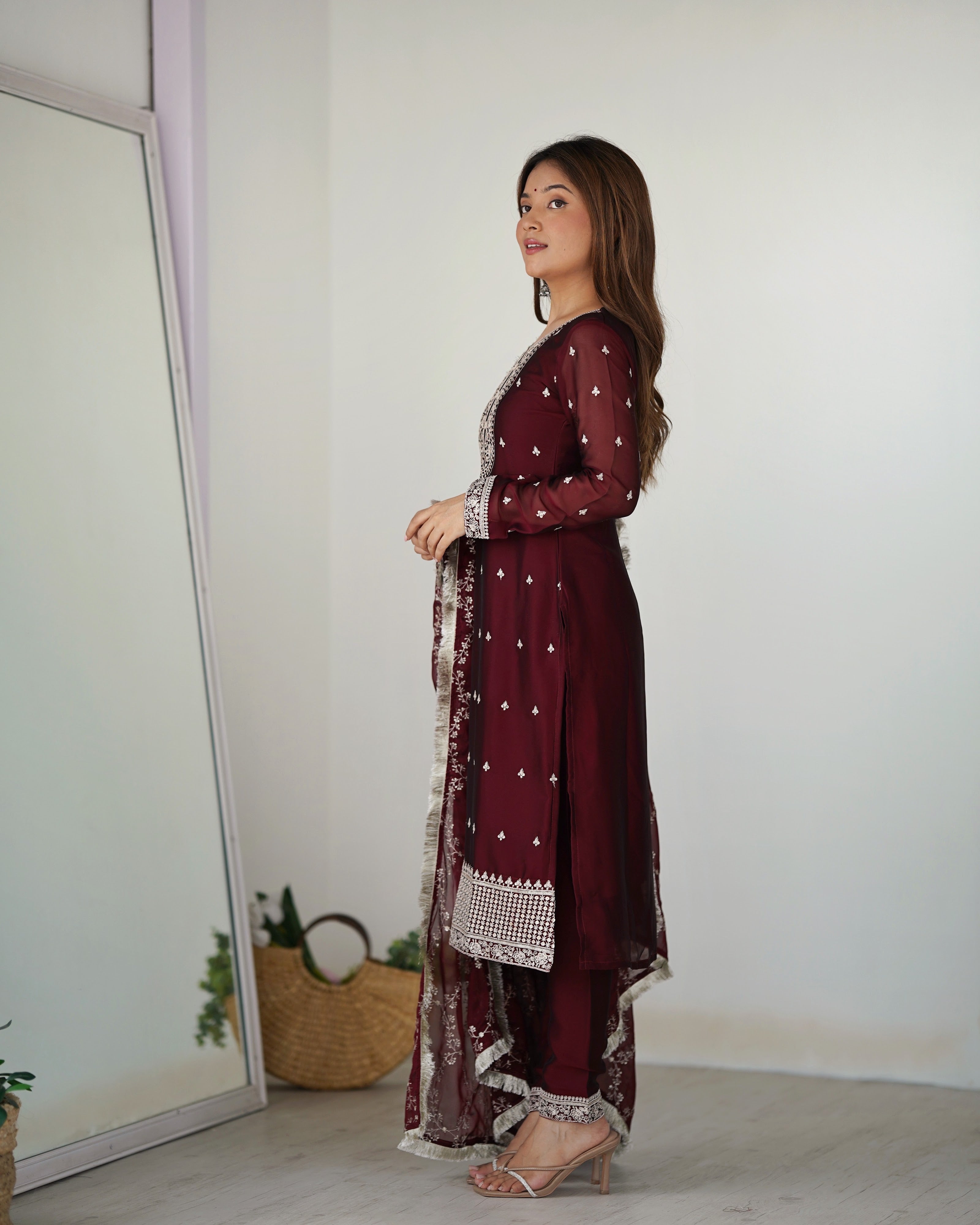 Rangoli Silk Embroidered Straight Kurta Set – Maroon