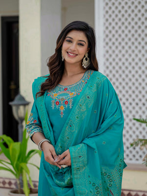 Premium Roman Silk Embroidered Straight Kurti Set – Firozi
