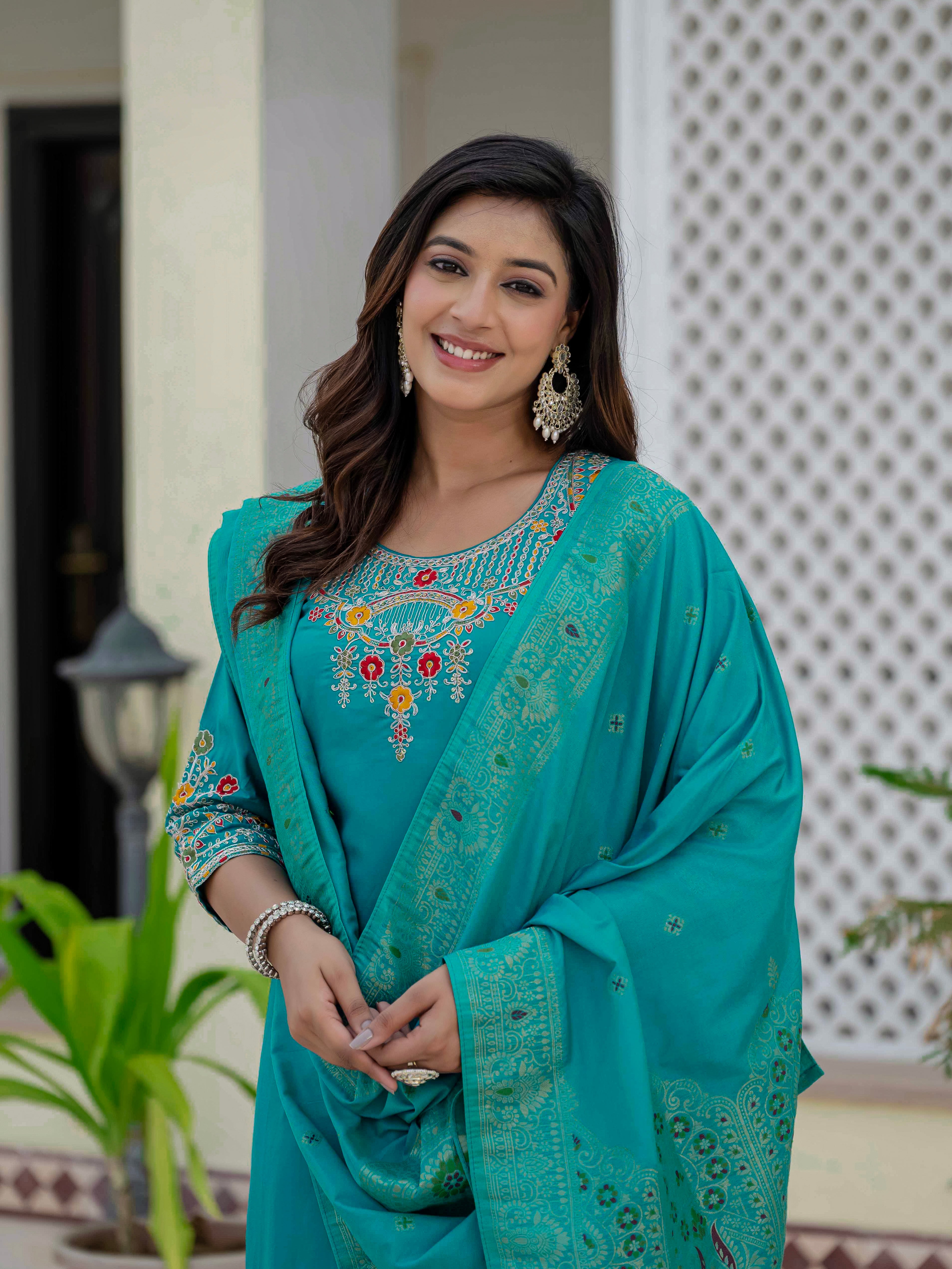 Premium Roman Silk Embroidered Straight Kurti Set – Firozi