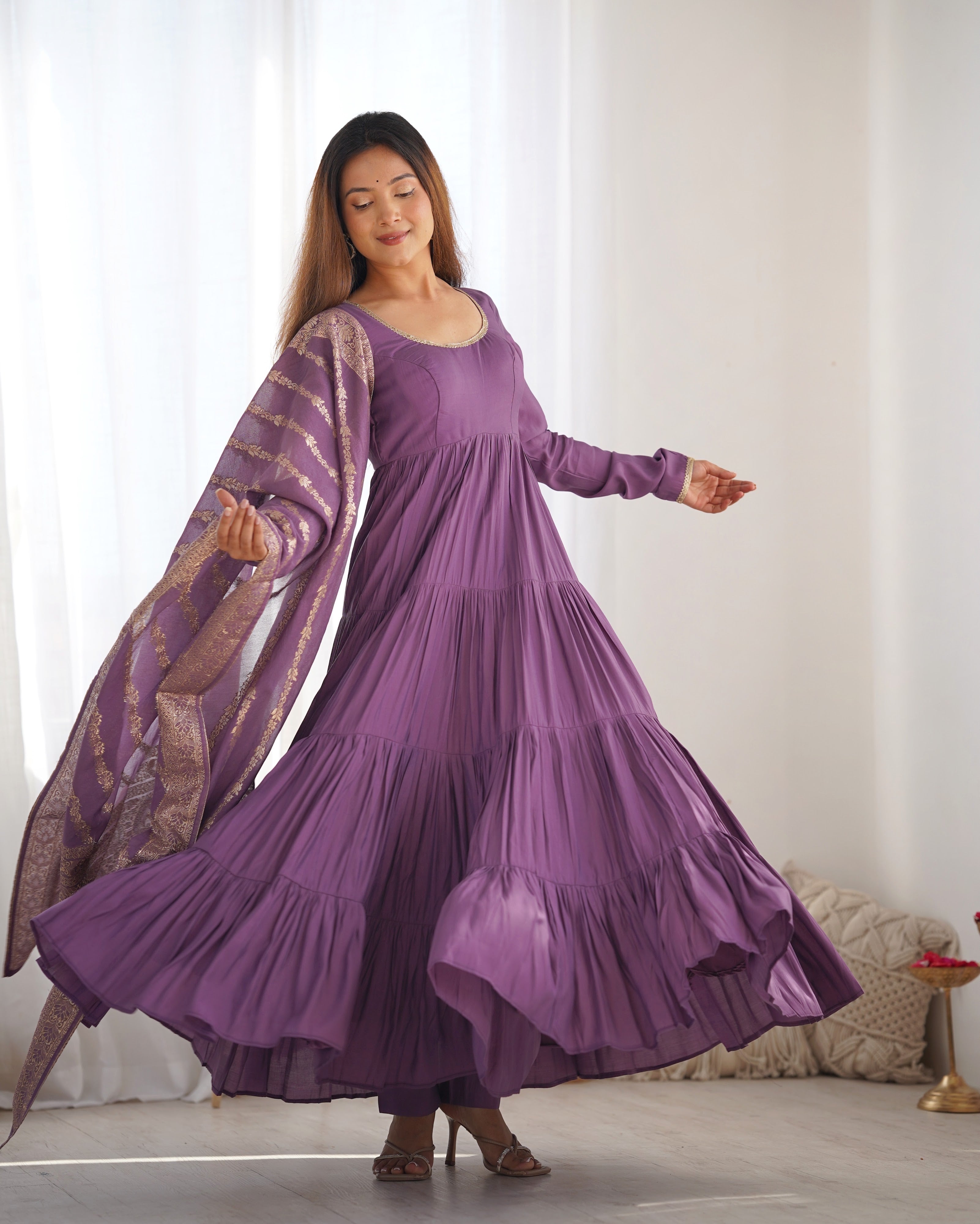 Roman Chanderi Silk Embroidered Anarkali Set – Purple
