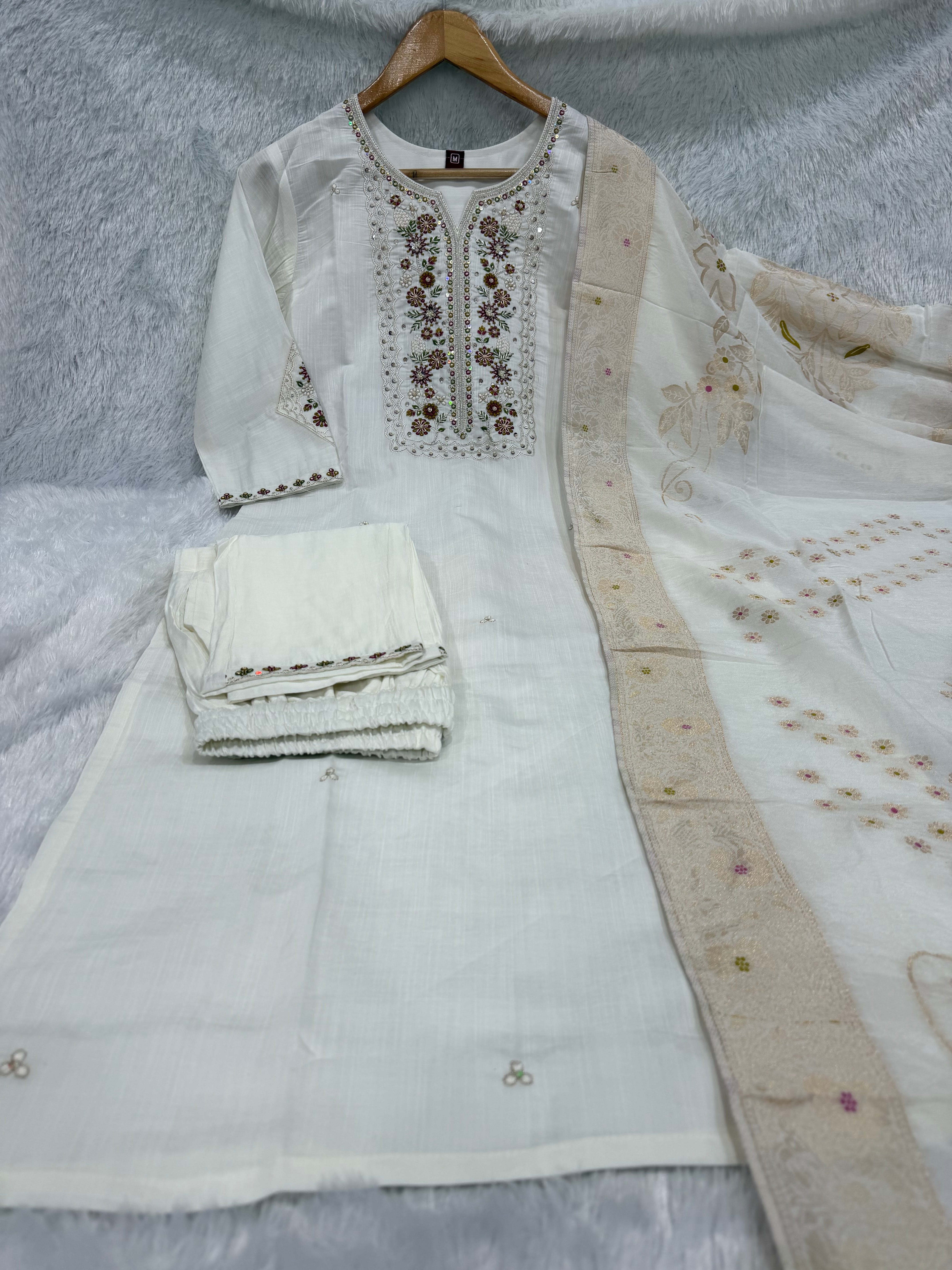 Pure Viscose Mango Silk Embroidered Straight Kurti Set – White