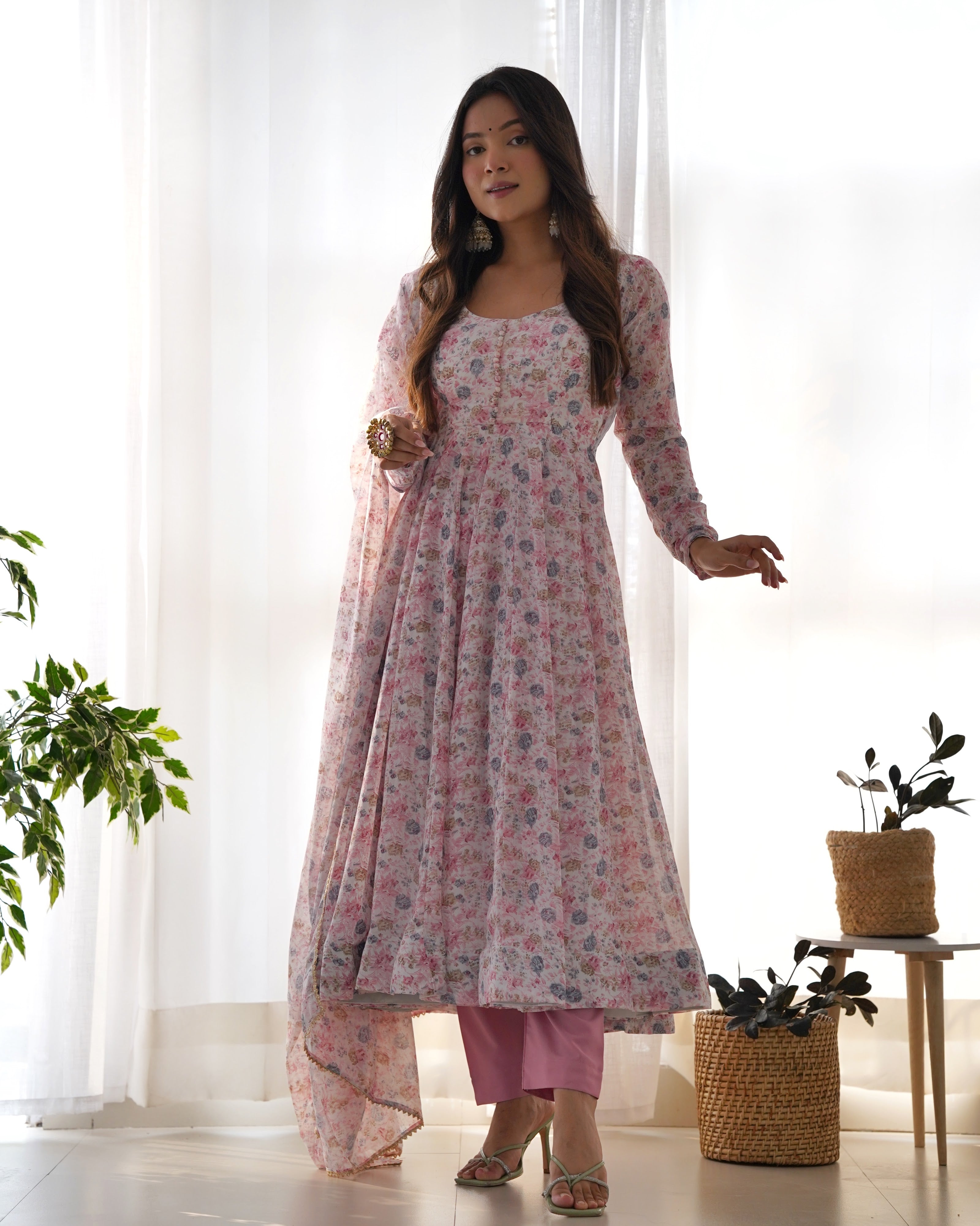 Heavy Orange Chiffon Floral Print Printed Anarkali Set – White Pink