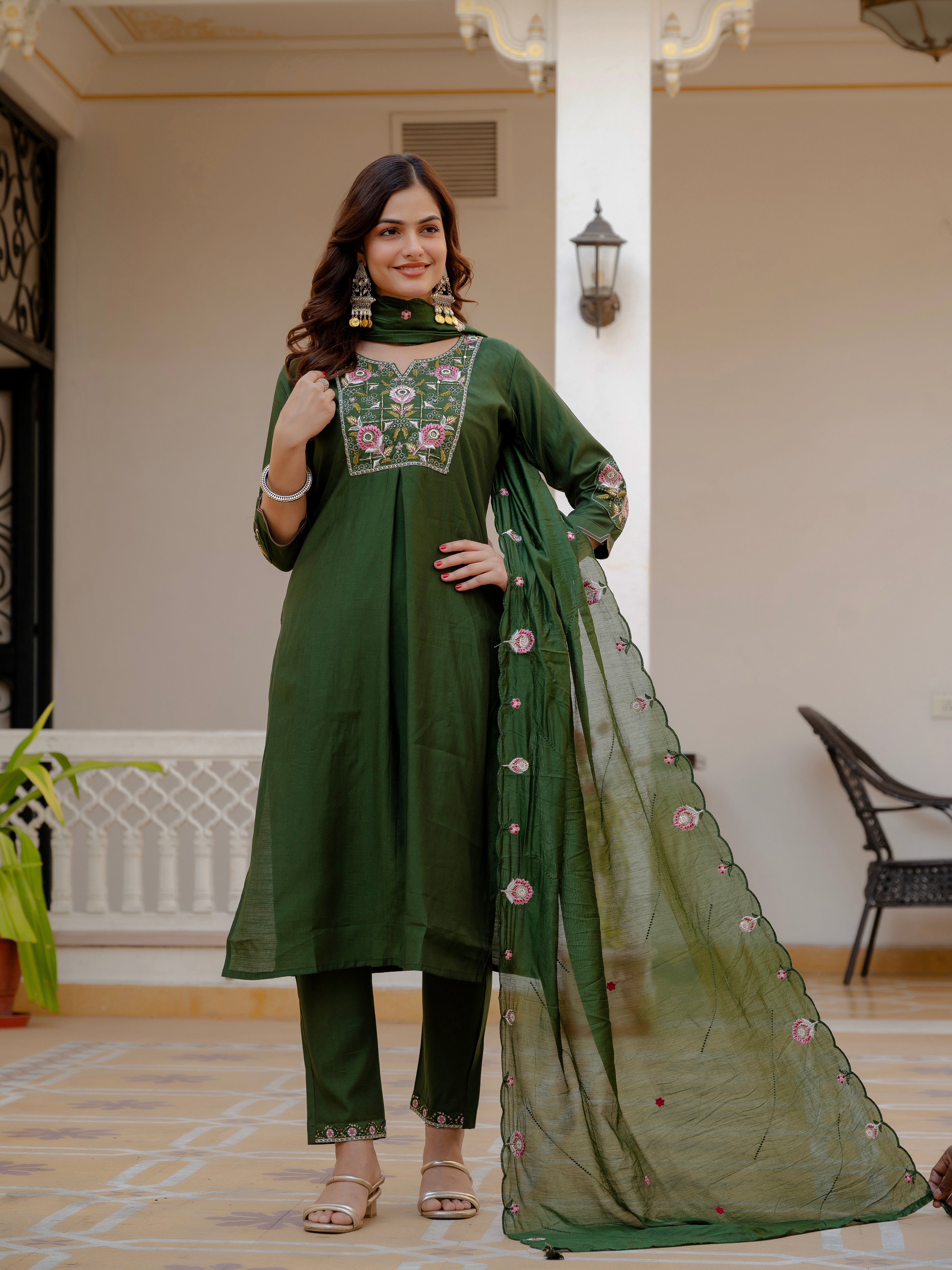 Pure Viscose Mango Silk Embroidered Straight Kurti Set – Green