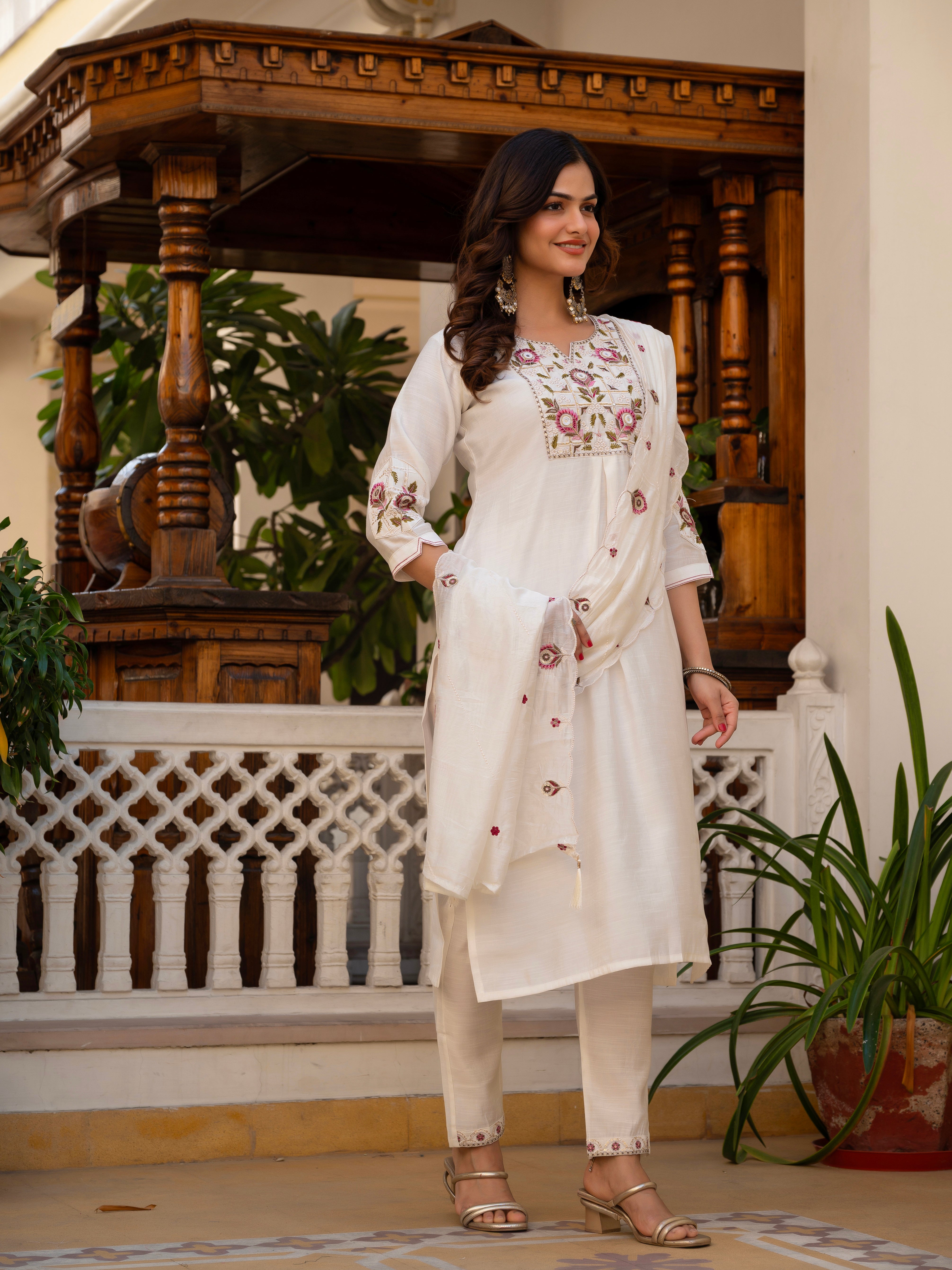 Pure Viscose Mango Silk Embroidered Straight Kurti Set – White