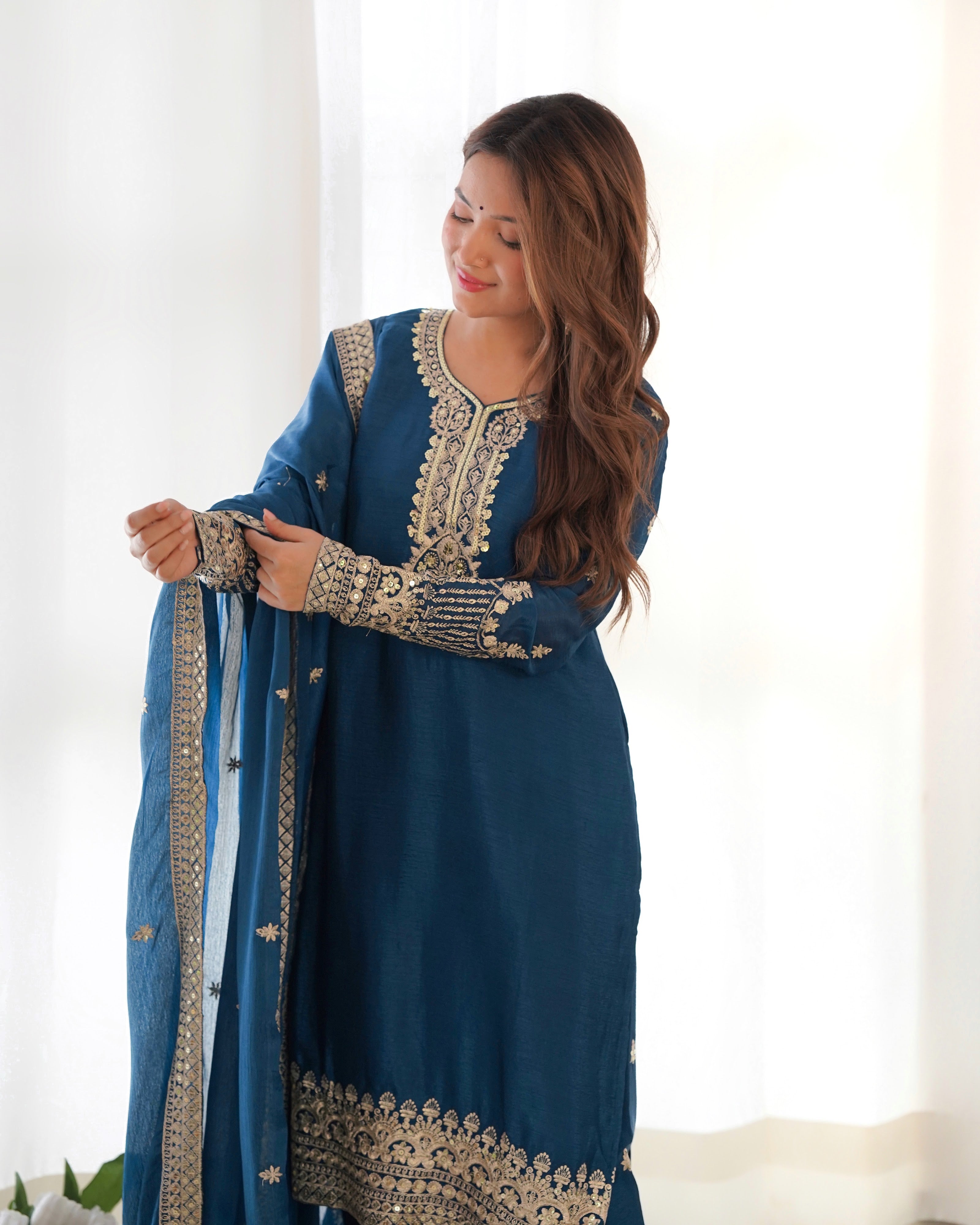 Chinon Silk Embroidered Straight Kurta Set – Navy Blue