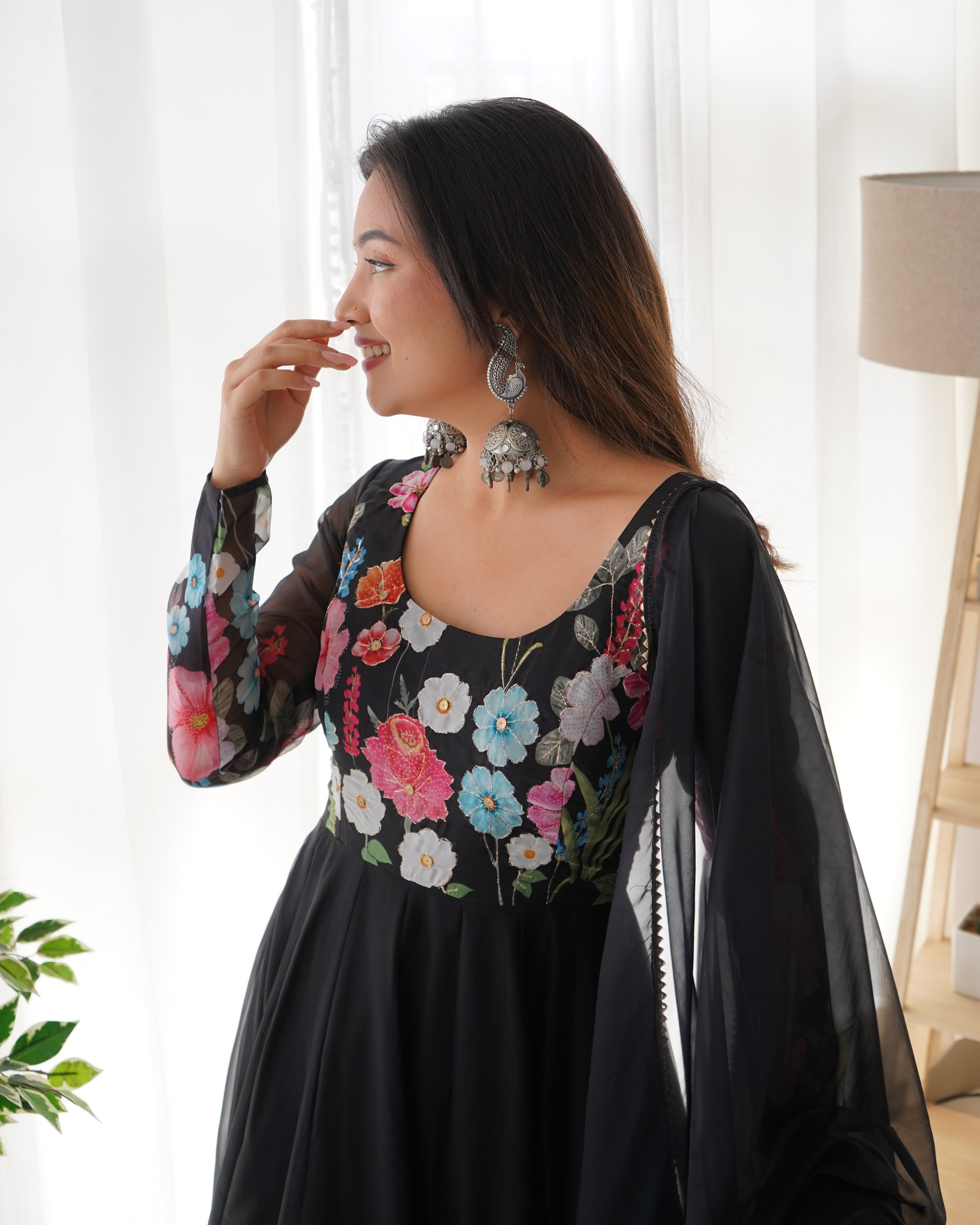 Organza Silk Printed Anarkali Set – Black