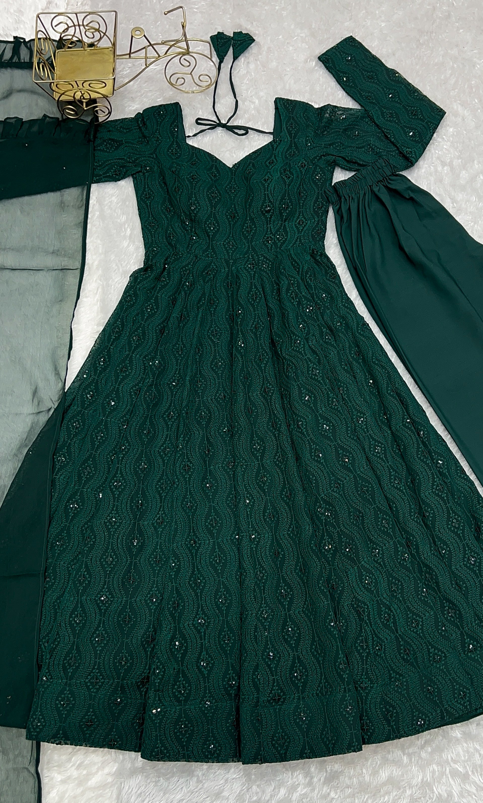 Georgette Embroidered Anarkali Set – Bottle Green