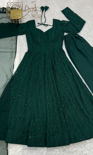 Georgette Embroidered Anarkali Set – Bottle Green