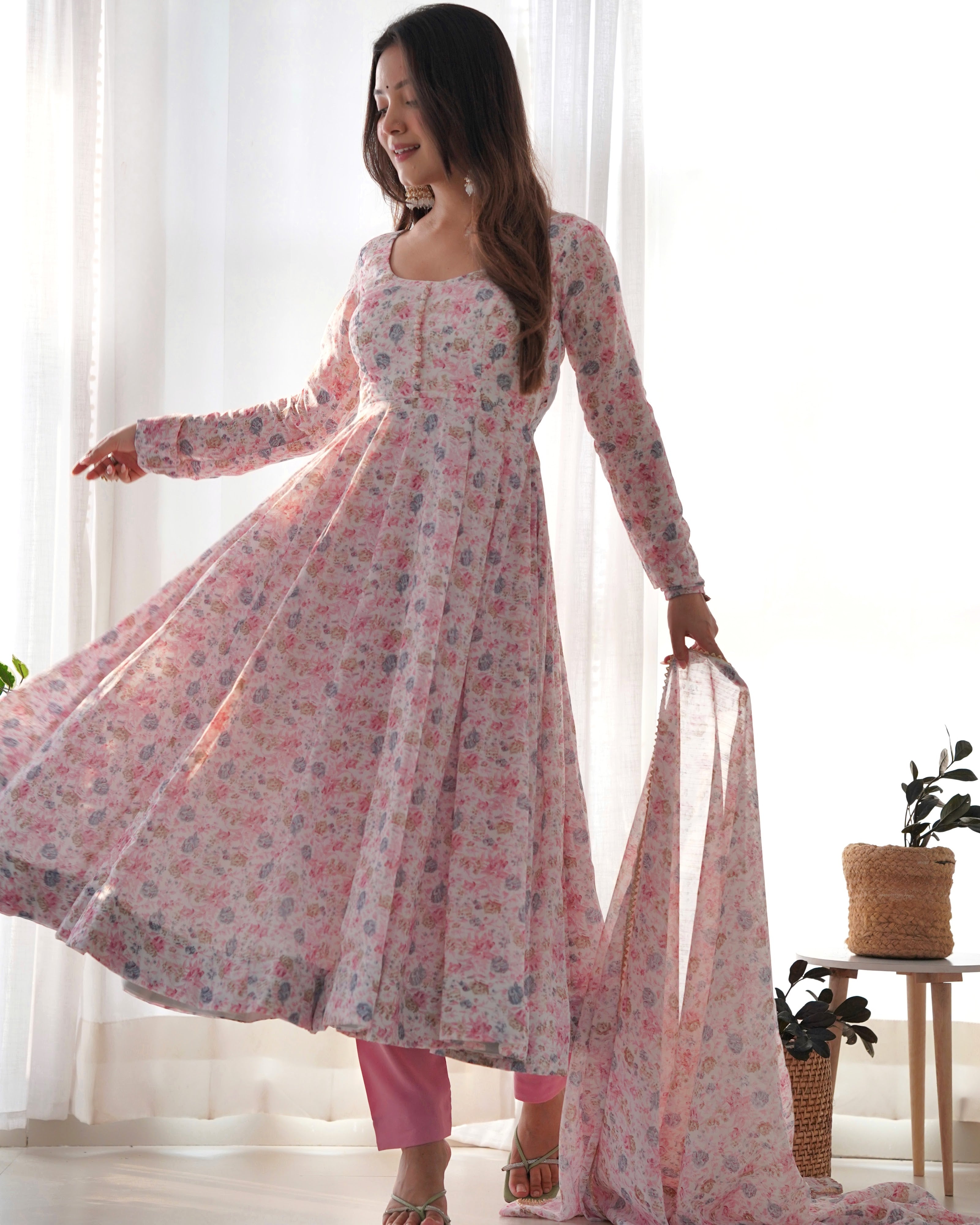Heavy Orange Chiffon Floral Print Printed Anarkali Set – White Pink