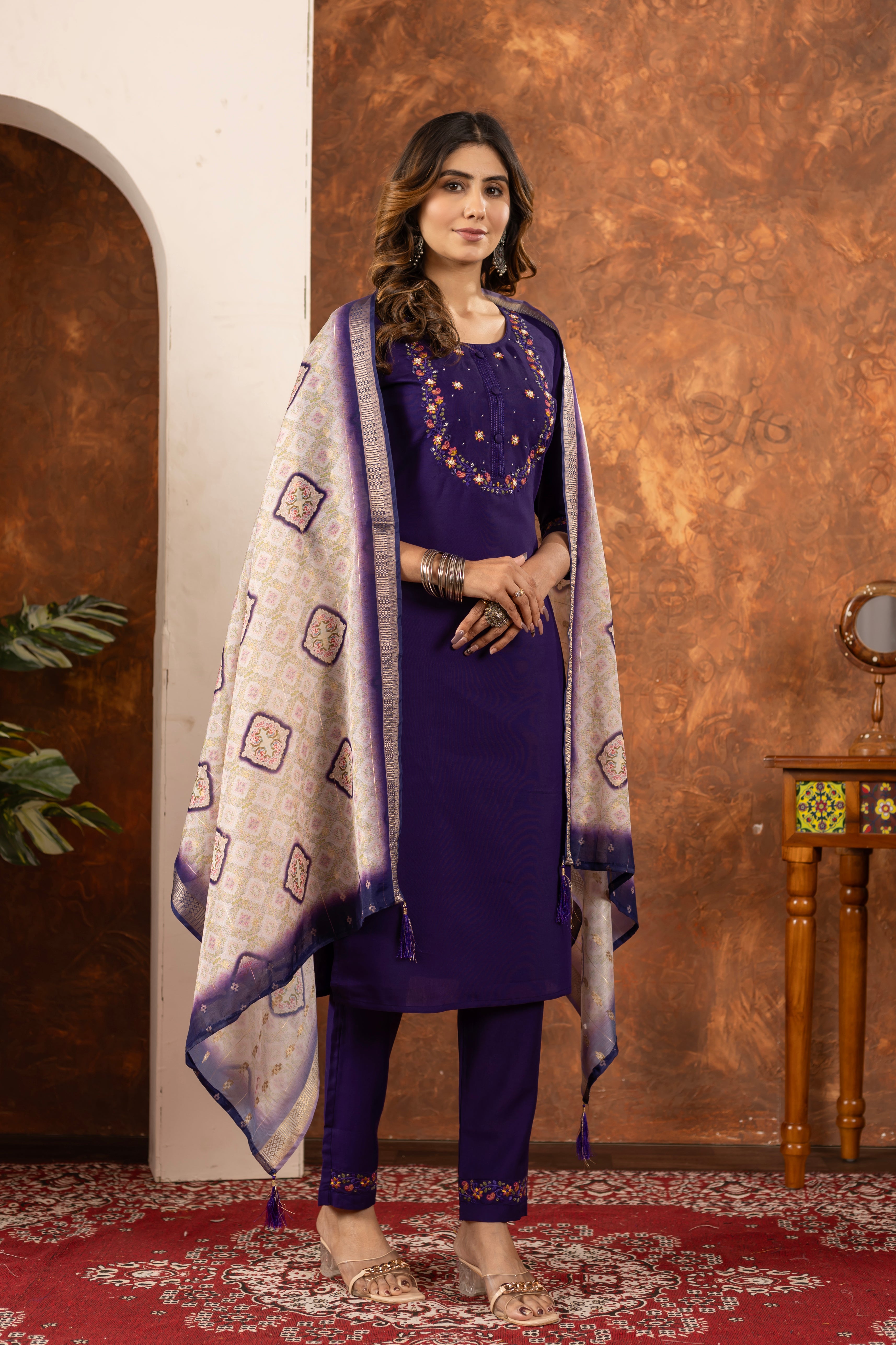 Marina Silk Embroidered Straight Kurti Set – Purple